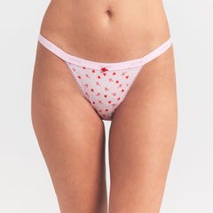 LIGHTWEIGHT COTTON LOGO PICOT STRING BIKINI | BABY PINK ARROWED HEARTS