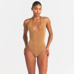 CUPRO JERSEY HALTER BODYSUIT | ALMOND