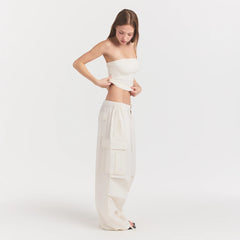 WOVEN COTTON OVERSIZED LOW RISE CARGO PANT | EGRET