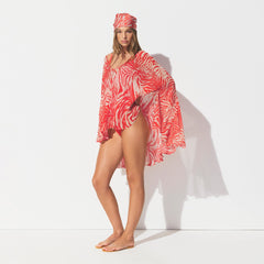 SWIM COVER-UPS SHEER MINI KAFTAN | CARMINE ZEBRA PRINT