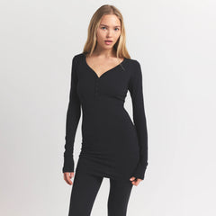 WOOL RIB HENLEY DRESS | OBSIDIAN