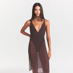 SKIMS BODY MESH PLUNGE MIDI DRESS | RAISIN