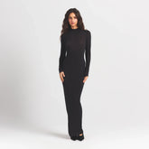 MILKY SHEER MOCK NECK LONG SLEEVE LONG DRESS | OBSIDIAN