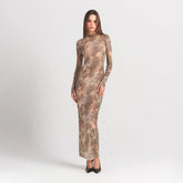 MILKY SHEER MOCK NECK LONG SLEEVE LONG DRESS | SAND MULTI ANIMAL
