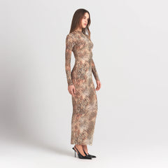 MILKY SHEER MOCK NECK LONG SLEEVE LONG DRESS | SAND MULTI ANIMAL
