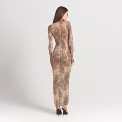 MILKY SHEER MOCK NECK LONG SLEEVE LONG DRESS | SAND MULTI ANIMAL