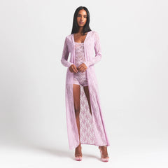STRETCH LACE LONG ROBE | BABY PINK