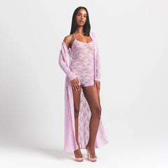 STRETCH LACE LONG ROBE | BABY PINK