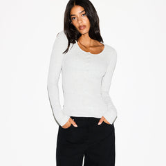 COTTON RIB SCOOP NECK HENLEY | LIGHT HEATHER GREY