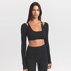 WOOL RIB LONG SLEEVE SUPER CROPPED TOP | OBSIDIAN