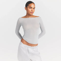 SHEER MODAL LONG SLEEVE BOATNECK TOP | HEATHER GREY