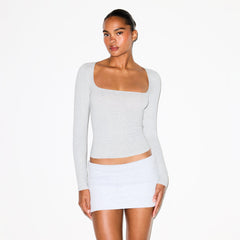 COTTON JERSEY SCOOP NECK LONG SLEEVE TOP | LIGHT HEATHER GREY