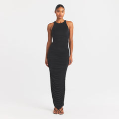 CUPRO JERSEY RUCHED LONG DRESS | OBSIDIAN