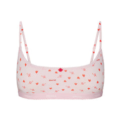 LIGHTWEIGHT COTTON LOGO PICOT SCOOP BRALETTE | BABY PINK ARROWED HEARTS