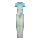 MESH COVER-UPS LONG DRESS | CYAN FK BODY PRINT