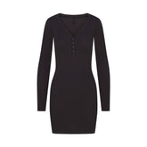WOOL RIB HENLEY DRESS | OBSIDIAN