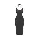 RHINESTONE KNIT HALTER MIDI SLIP DRESS | ONYX