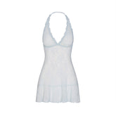 STRETCH LACE HALTER MINI DRESS | POWDER BLUE