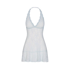 STRETCH LACE HALTER MINI DRESS | POWDER BLUE