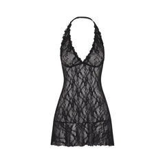 STRETCH LACE HALTER MINI DRESS | SOOT