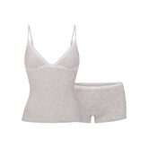 LIGHTWEIGHT COTTON POINTELLE LACE CAMI AND BOY SHORT SET | LIGHT HEATHER GREY PIN DOT