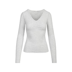 COTTON JERSEY SHIRRED BUST LONG SLEEVE | LIGHT HEATHER GREY