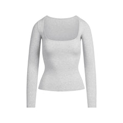 COTTON JERSEY SCOOP NECK LONG SLEEVE TOP | LIGHT HEATHER GREY