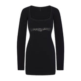 LACE KNIT LONG SLEEVE MINI DRESS | OBSIDIAN