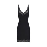 RIB KNIT LACE MINI DRESS | OBSIDIAN