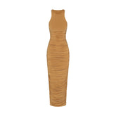 CUPRO JERSEY RUCHED LONG DRESS | ALMOND