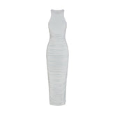 CUPRO JERSEY RUCHED LONG DRESS | PEARL