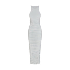 CUPRO JERSEY RUCHED LONG DRESS | PEARL