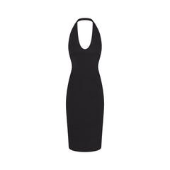 SMOOTH LAYERS PLUNGE HALTER MIDI DRESS | OBSIDIAN