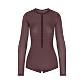 SLINKY KNIT BUTTON UP HENLEY ONESIE | CURRANT
