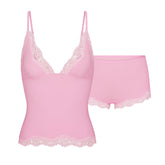 FITS EVERYBODY LACE TRIANGLE CAMI AND BOY SHORT SET | BUBBLE GUM TONAL