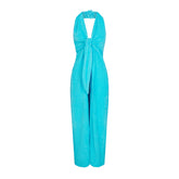 TERRY COVER-UPS DEEP PLUNGE HALTER WRAP DRESS | CYAN