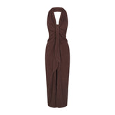 TERRY COVER-UPS DEEP PLUNGE HALTER WRAP DRESS | DARK SEPIA