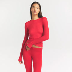 SHEER RIB LONG SLEEVE TOP | CARMINE