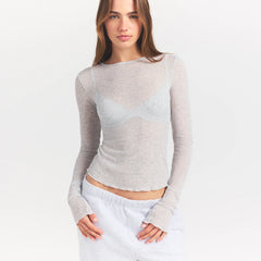 SHEER RIB LONG SLEEVE TOP | LIGHT HEATHER GREY