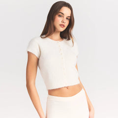 BRUSHED ALPACA SHORT SLEEVE CARDIGAN | EGRET