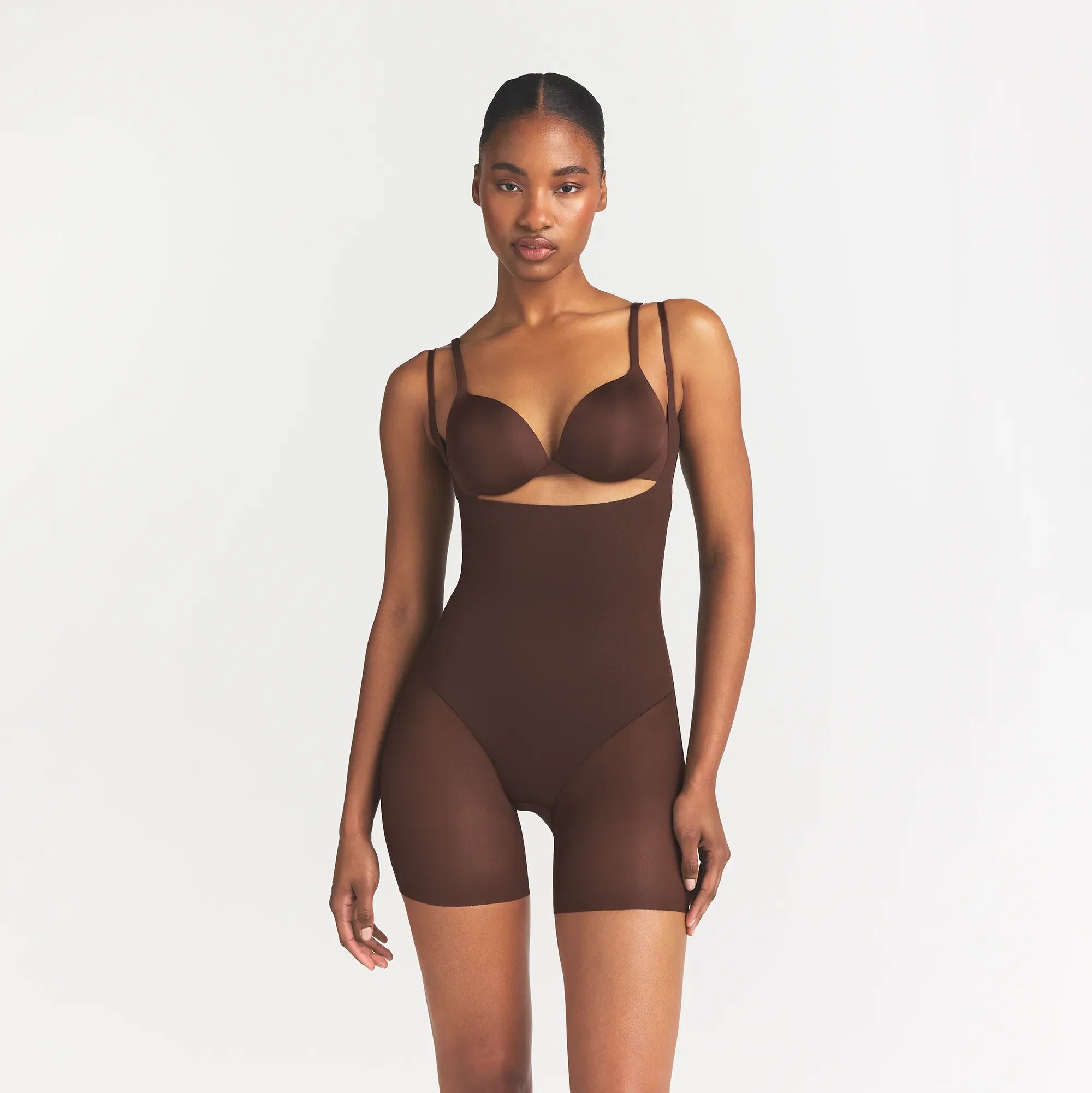 POWER MESH SHAPEWEAR CORE SCULPT OPEN BUST MID THIGH BODYSUIT | COCOA