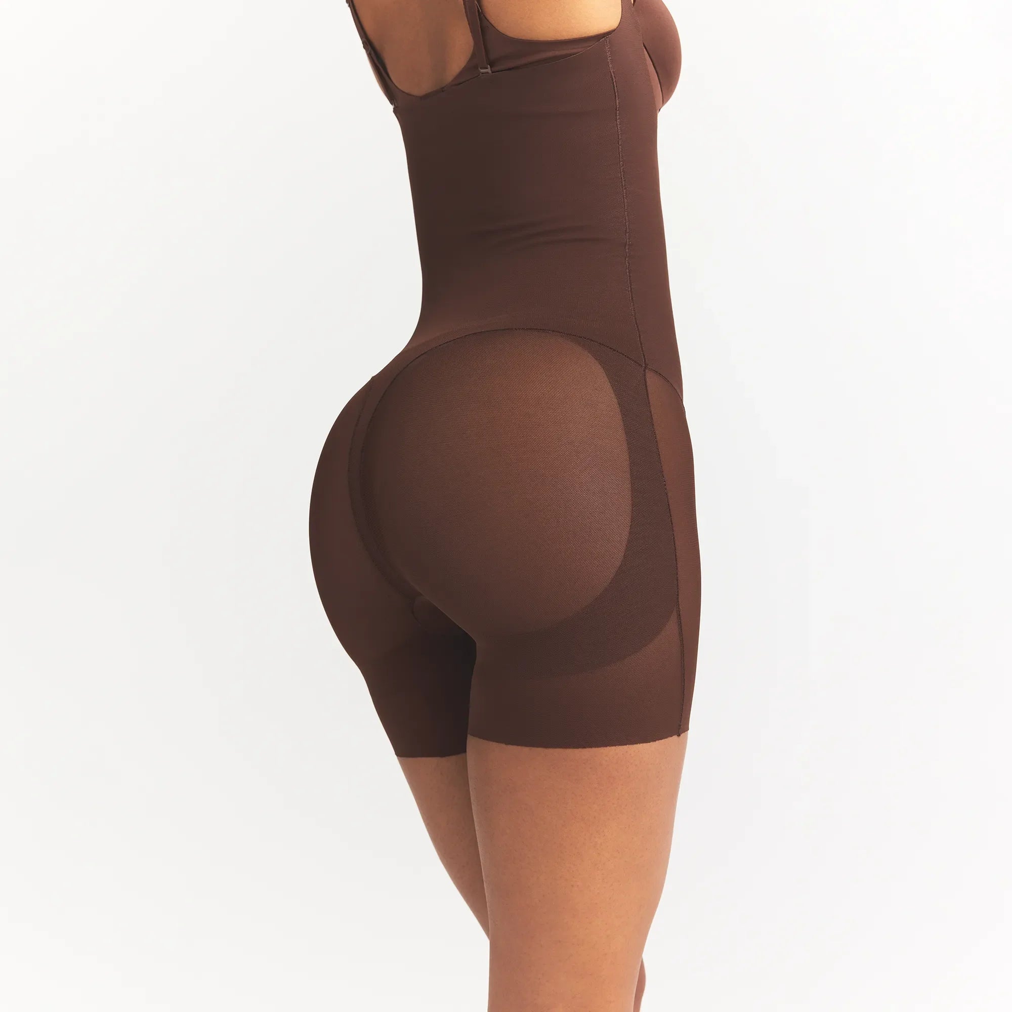 POWER MESH SHAPEWEAR CORE SCULPT OPEN BUST MID THIGH BODYSUIT | COCOA