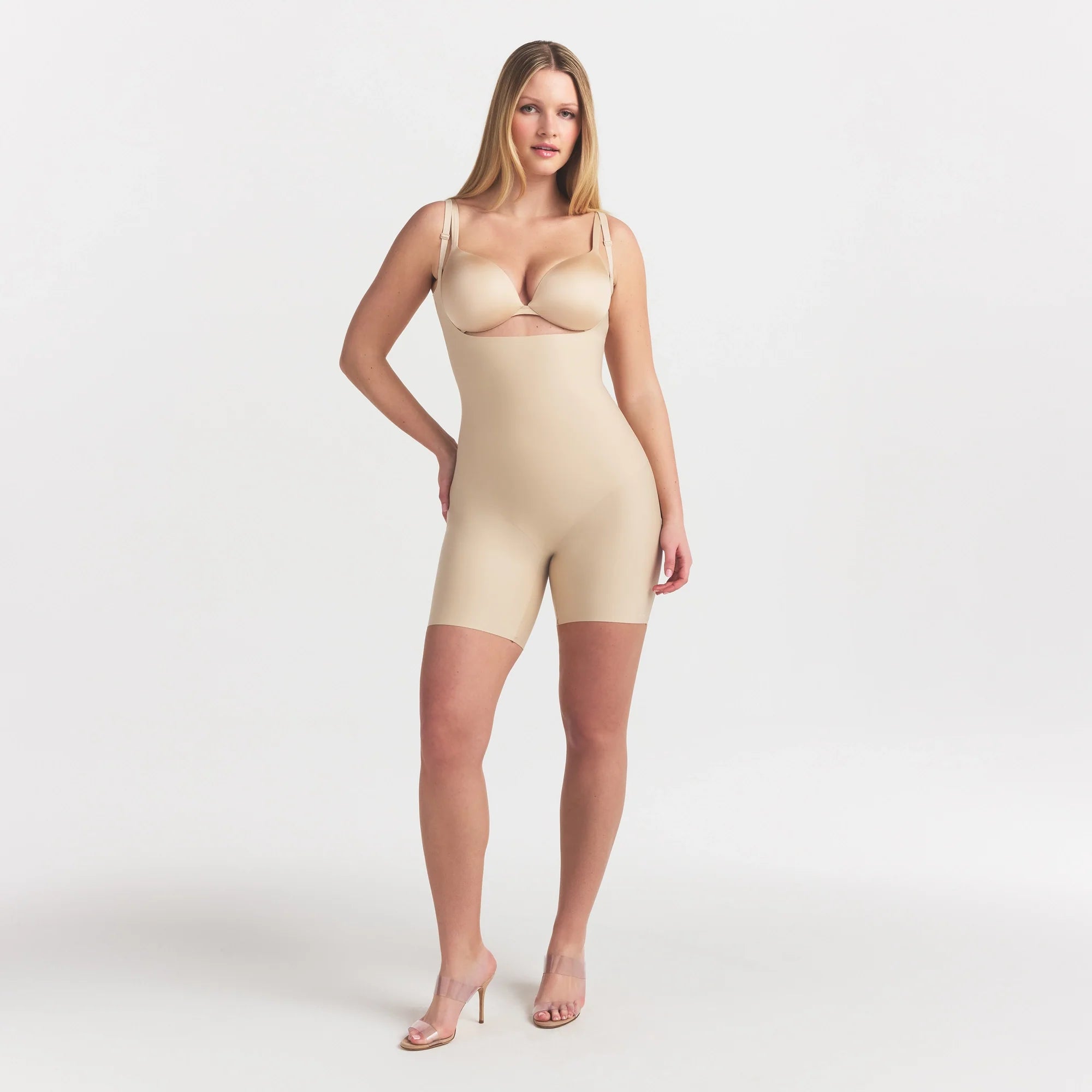 SKIMS BODY CORE SCULPT BACK SMOOTHING OPEN BUST MID THIGH BODYSUIT | SAND