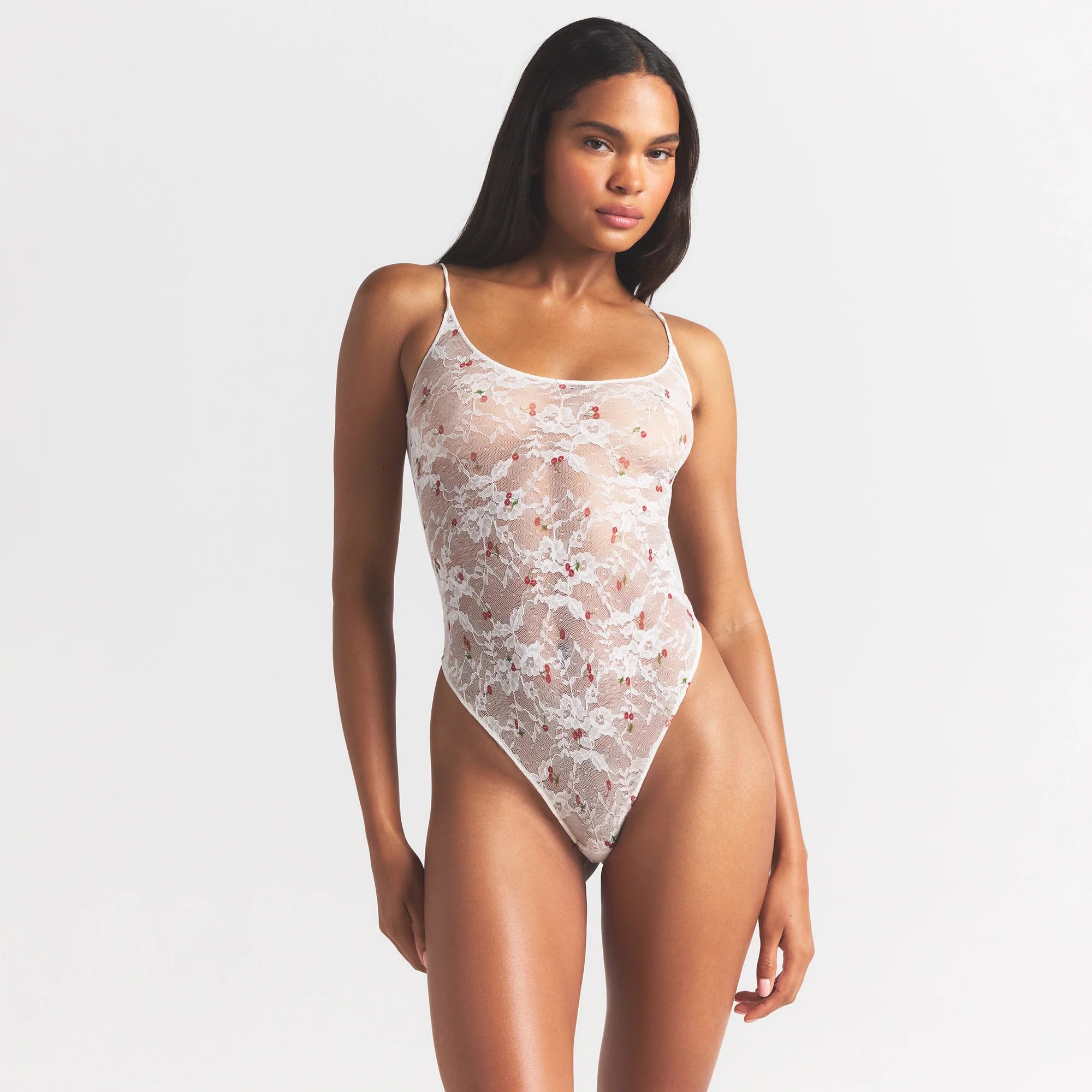 STRETCH LACE SCOOP NECK BODYSUIT | IVORY CHERRY PRINT