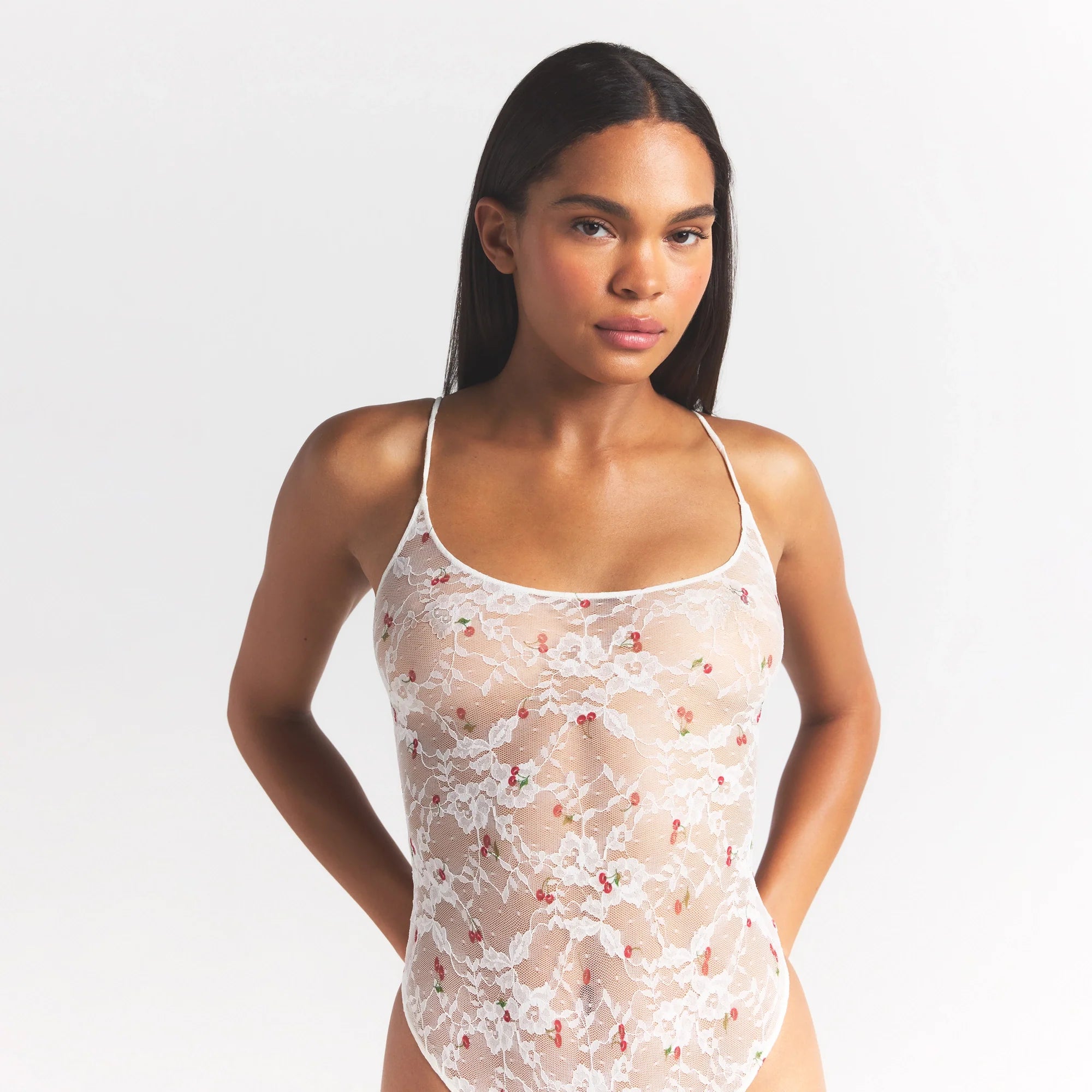 STRETCH LACE SCOOP NECK BODYSUIT | IVORY CHERRY PRINT