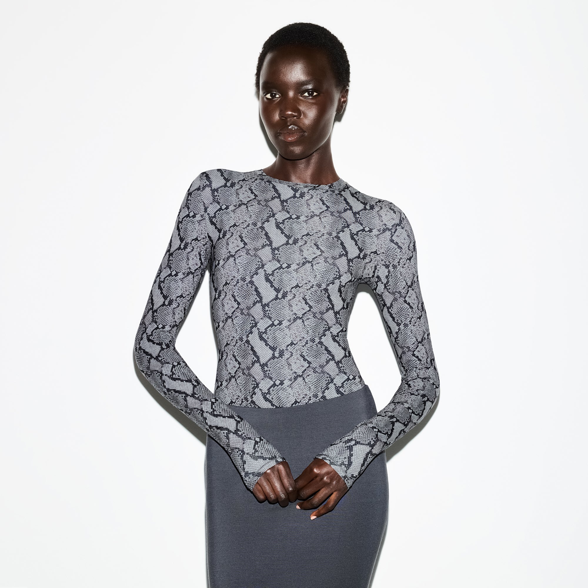 FITS EVERYBODY LONG SLEEVE CREW NECK BODYSUIT | SHADOW SNAKE PRINT