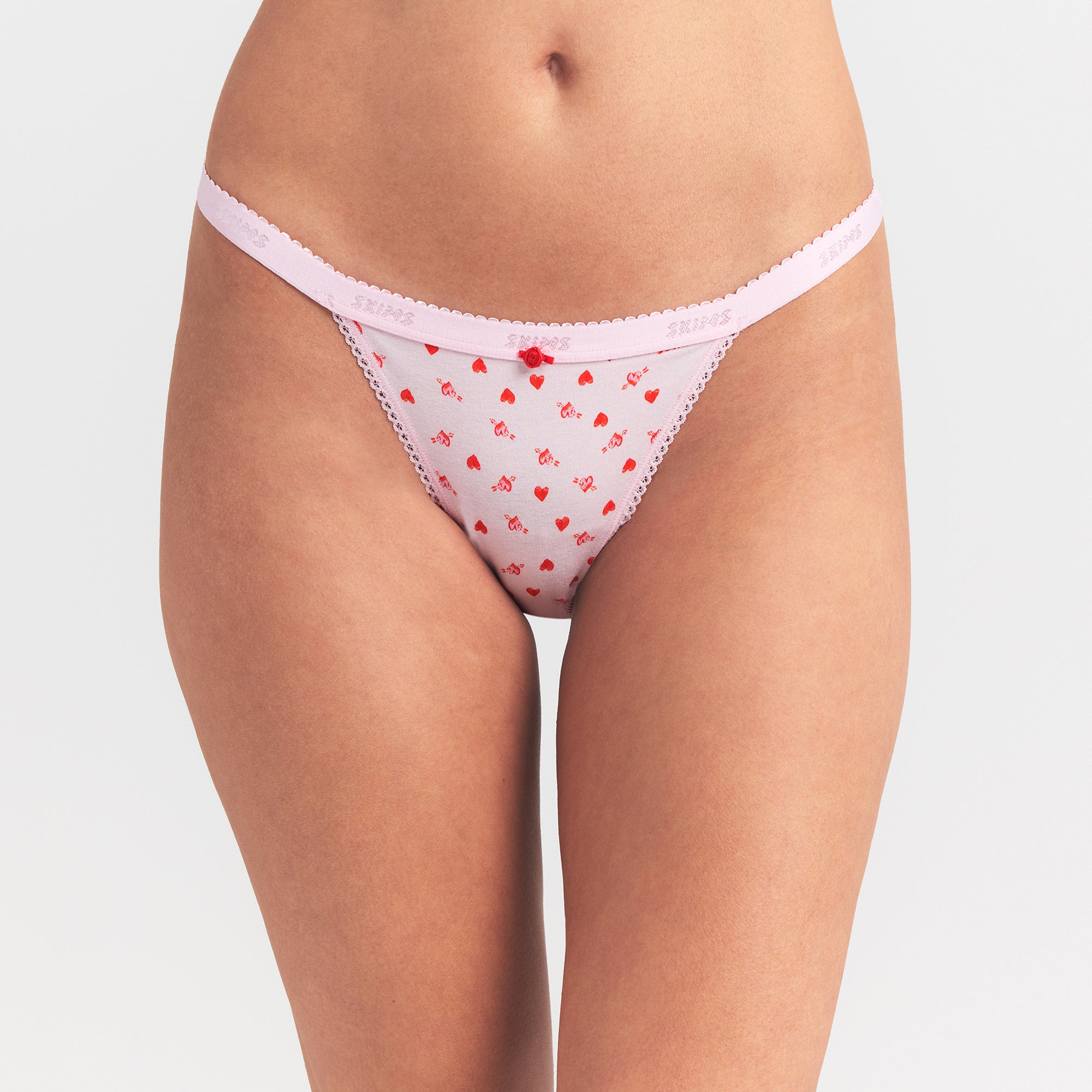 LIGHTWEIGHT COTTON LOGO PICOT STRING BIKINI | BABY PINK ARROWED HEARTS