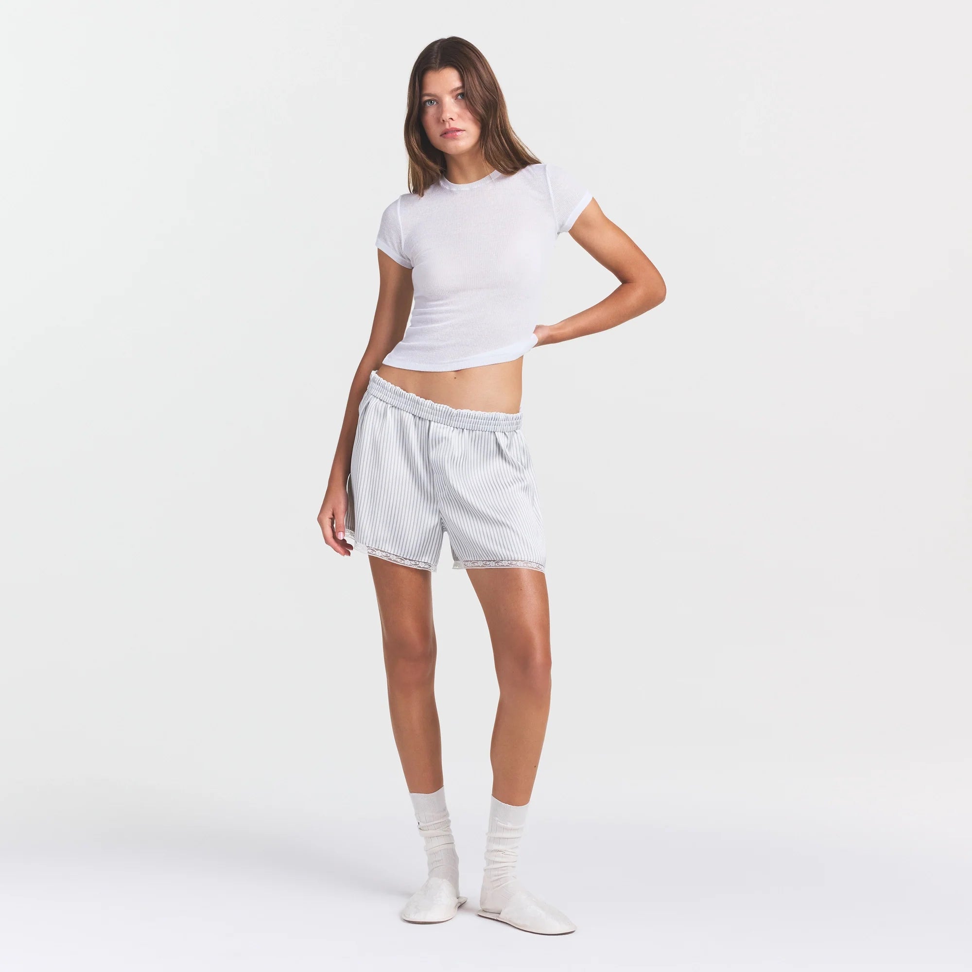 WOVEN SHINE LACE BOXER | SILVER TRIPLE PINSTRIPE