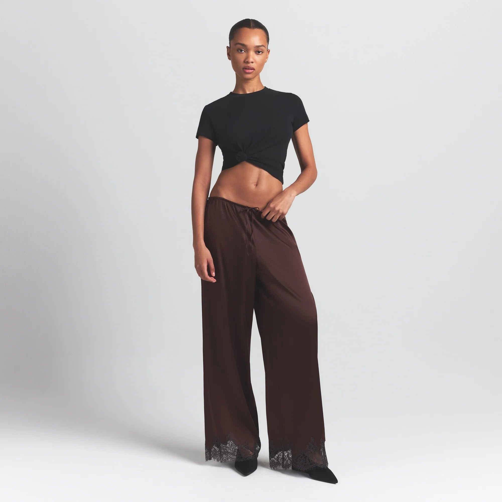 SILK LACE STRAIGHT LEG PANT | ESPRESSO CONTRAST