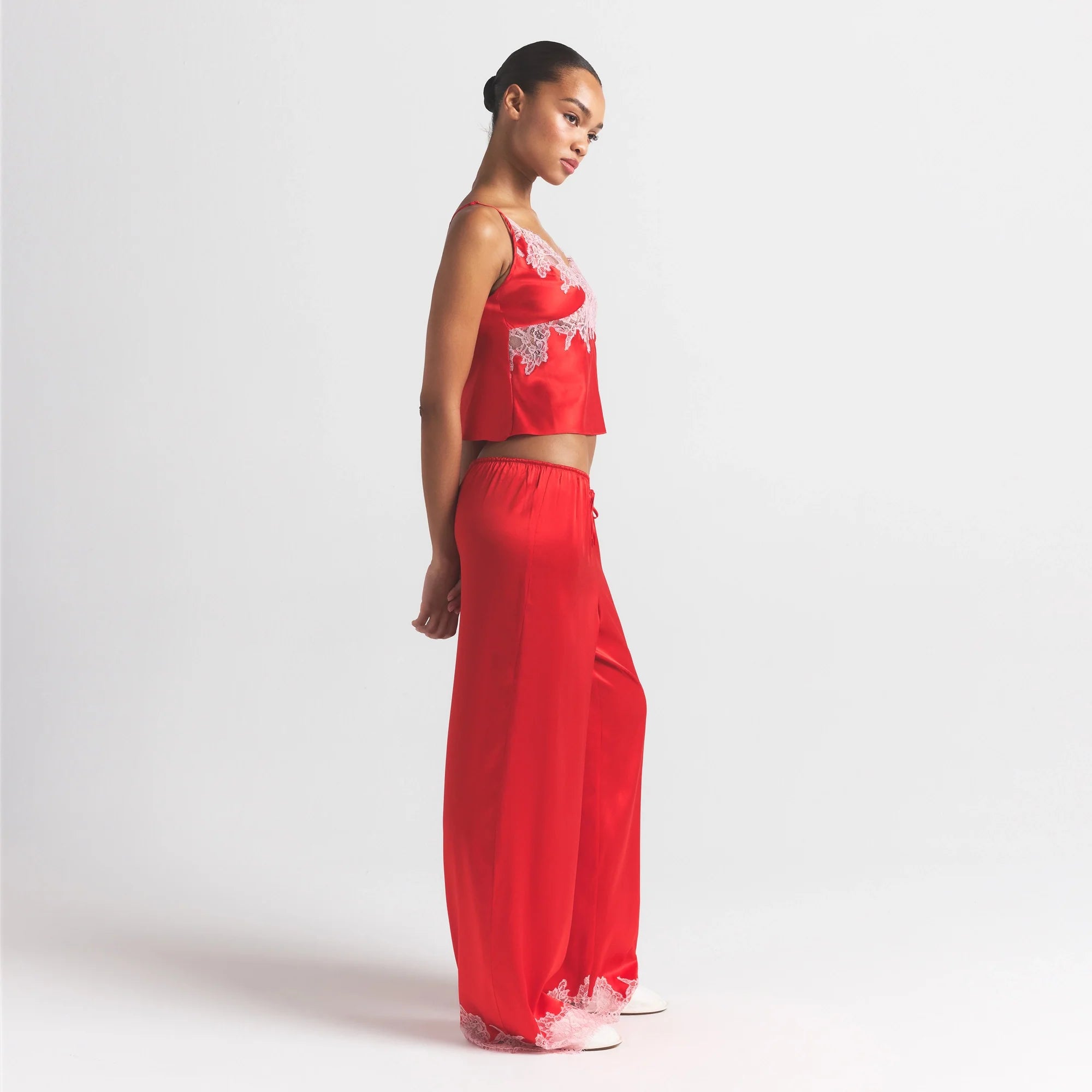 SILK LACE STRAIGHT LEG PANT | RUBY CONTRAST